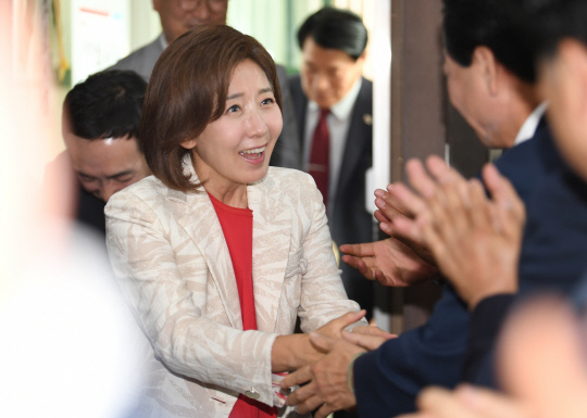 국민의힘 당권주자인 나경원 후보가 지난 13일 밀양·의령·함안·창녕 당협 간담회에 참석하고 있다. 나경원 캠프 제공